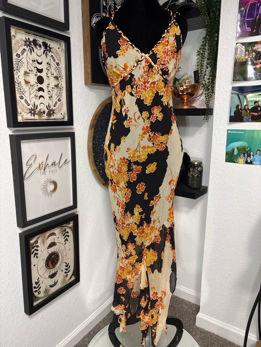 Vintage Nina Austin Y2K 90s Silk Slip Dress Beaded Floral Ruffle Maxi Gown Small